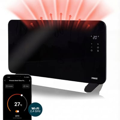 Princess 348415 Smart Elektrische Kachel – Glazen Paneelverwarming – Incl App & WiFi – 1500W – Zwart - Stil & Veilig – Wandmontage of Vrijstaand