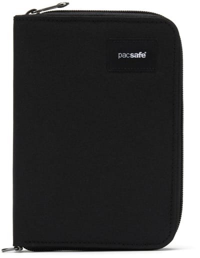 Pacsafe Portemonnee - 16.3 x 11.5 x 2 cm - Pasjeshouder - RFID-blokkerend - Travel Organizer - Beveiligde Portemonnee - Anti-diefstal Pasjeshouder - Gerecycled Polyester - PFC-vrij - Zwart
