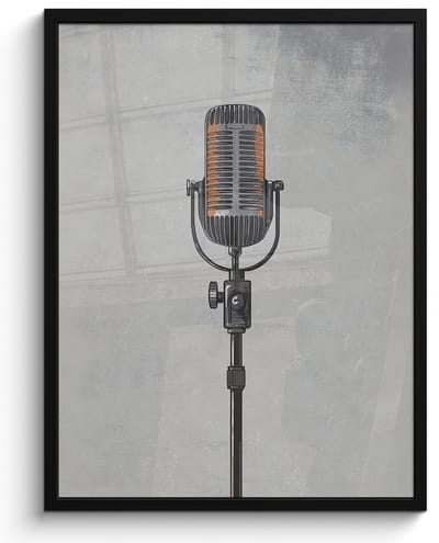 Poster in lijst - Fotolijst 50x70 cm - Posters - Microfoon - Vintage - Illustratie - Grijs - Posterlijst zwart - Decoratie - Wanddecoratie woonkamer - Muurdecoratie slaapkamer