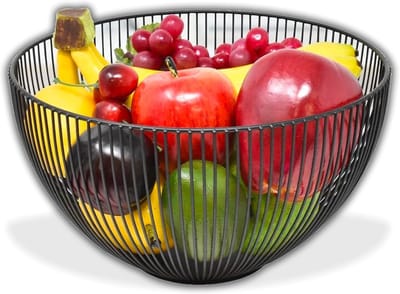 Fruitmand voor de tafel van metaal, modern en elegant design, fruitmand voor fruit, citrusvruchten, noten, levensmiddelen, fruitschaal voor open tafeldecoratie, kleur zwart
