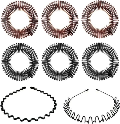 Set van 6 elastische plastic haarbanden en 2 zwarte metalen haarbanden voor dames en heren, ideaal voor sport, yoga en dagelijks gebruik met antislip tanden