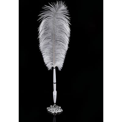 Struisvogelveren Bruiloft Pen Handtekening Balpen Met Metalen Houder Nieuw Zilver gray