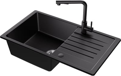 CECIPA max Spoelbak Antraciet 78x45CM - Spoelbakken Met Uittrekbare Uitloop Keukenkraan - Granieten Spoelbakken Keuken - Enkele Spoelbak - Spoelbak Met Afdruiprek - Incl. Sifon en Afvoerzeefje