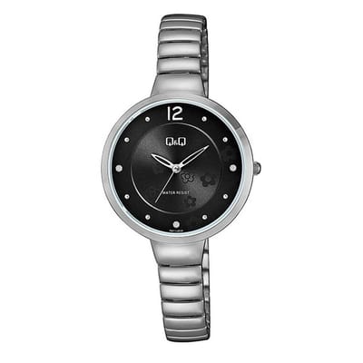 Q&Q F611J202Y - Horloge - Analoog - Vrouwen - Dames - Stalen band - Rond - Metaal - Zilverkleurig - Zwart - Bloemenprint