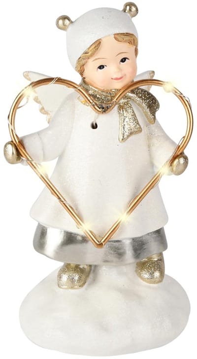 Dekoratief | Engeltje m/hart, wit/goud, resina/metaal, LED, 10x8x16cm | A255822