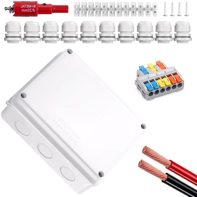 Waterdichte aansluitdoos IP65, 150 x 110 x 70 mm, voor kabels met M20 connectoren, geschikt voor buitengebruik en kabelbeveiliging