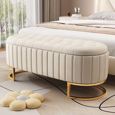Opbergbank - Voetenbank Poef - Extra Zitruimte - Verborgen Opbergruimte - 120 x 40 cm - Beige