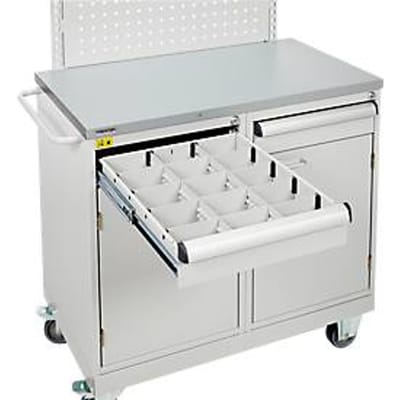 Treston gereedschapswagen TWIN 2, stalen onderstel, tot 300 kg, 2 laden, 2 vakken, afsluitbaar, duwbeugel, staal, lichtgrijs RAL 7035