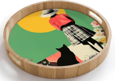 Dienblad rond 40x40 cm - Schootdienblad hout - Retro - Meisje - Kat - Zon - Borrelplank rechthoek - Plateau houten dienbladen