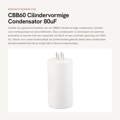 Dailygoods- Cilindervormige Condensator 80uF - AC 250V - CBB60 - Voor Motorpompen/Airconditioners - Kunststof - Duurzaam - Motorcondensator