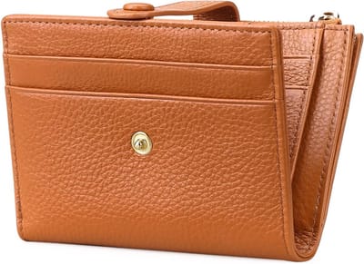Kleine RFID-blockerende leren bifold portemonnee voor dames met rits, geel, minimalistisch ontwerp, ideaal voor dagelijks gebruik