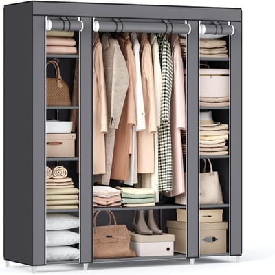 Famanu-Garderobe, linnenkast, met kledingstang en rekken, soffit cover, voor slaapkamer, kleedkamer, 150 x 45 x 175 cm, grijs LSF03G