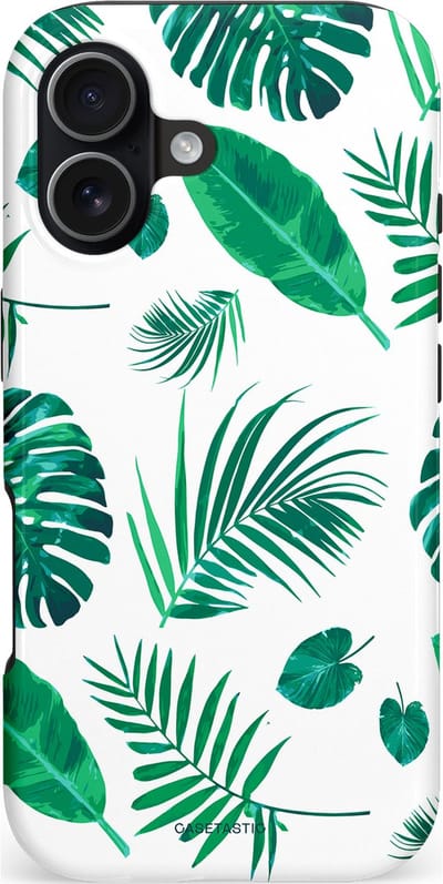 Casetastic hoesje geschikt voor Apple iPhone 17 - MagSafe - Dubbellaagse bescherming - Groene Witte Jungle Bladeren Print - Fashion Case - Wit Mintgroen Turquoise