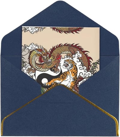 Kerstkaart Draak Tijger - Feestdagenkaart Wenskaart - Gezegend Wensen - Parelmoer Effect - 4.5 x 6.5 cm - Blauw
