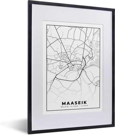 Fotolijst incl. Poster Zwart Wit- Stadskaart – Zwart Wit - Kaart – Maaseik – België – Plattegrond - 30x40 cm - Posterlijst