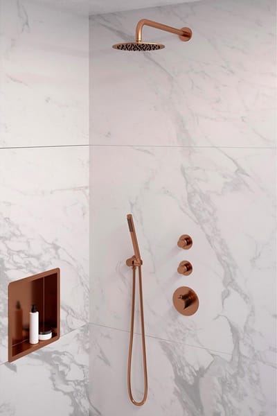 Brauer Copper Edition thermostatische inbouw regendouche SET 03 met 20 cm douchekop en gebogen muurarm en staaf handdouche en doucheslang en wandaansluitbocht koper geborsteld PVD