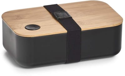 14731 Lunchbox, kunststof/bamboe, broodtrommel, zwart, ca. 19,3 x 11,8 x 6,8 cm, Bento Box met bamboedeksel