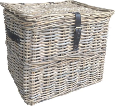 Opbergmand Lederen Riem - 40x33xH36 cm - Rieten Mand Met Deksel