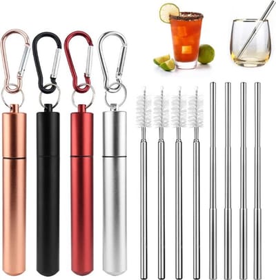 Herbruikbare Metalen Rietjes Set - Duurzame Rietjes - Rvs Cocktail/Smoothie/Milkshake Rietjes - Herbruikbaar - Milieuvriendelijk - Inclusief Reinigingsborstels En Voorraadpotten