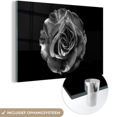 MuchoWow® Glasschilderij 120x80 cm - Schilderij acrylglas - Bloemen - Roos - Zwart - Wit - Botanisch - Foto op glas - Schilderijen