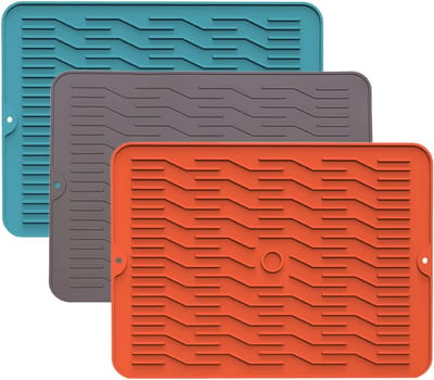 Siliconen afdruipmat – Geschikt voor servies, antislip & waterdicht – Afdruipmat voor de gootsteen, placemat, mat voor afwas – 38 x 28 x 0,32 cm – Set van 3 – Oranje, roodbruin, groen