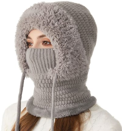 3-in-1 wollen muts - Muts - wintermuts dames - gebreide wintermuts - sjaal en gezichtsbedekking - winddicht en warm - acryl - grijs