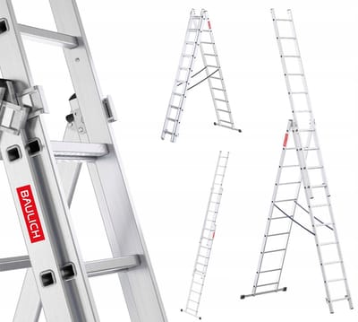 Baulich Aluminium opvouwbare multifunctionele vouwladder - 3 secties, 3x10 treden, met stabilisator, draagvermogen 150 kg, maximale werkhoogte 572 cm, licht en duurzaam