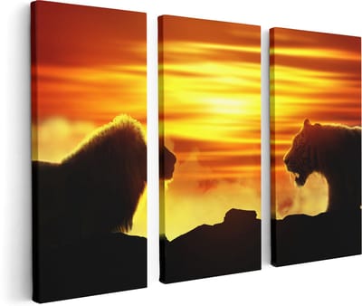 Artaza Canvas Schilderij Drieluik Leeuw En Tijger - Silhouet - Zonsopkomst - 120x80 - Foto Op Canvas - Canvas Print