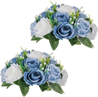 Allecto Plus - Kunstmatige Bloem Ballen voor Bruiloft Centerpieces - Set van 2 - 24cm Diameter - Stoffige Blauwe & Witte Nep Roos Bloemen - Bruiloft Decoraties & Tafelarrangementen