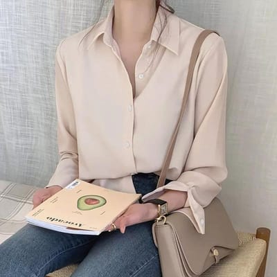 Lente en Herfst Shirt Dames Los Design Lange Mouw POLO Kraag Professioneel Shirt L abrikoos