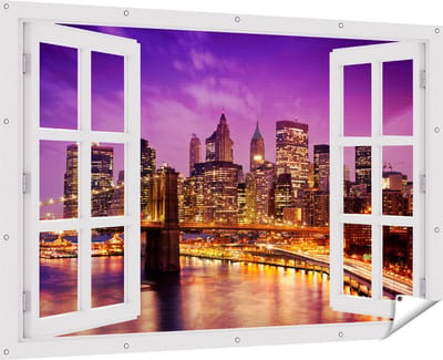 Gards Tuinposter Doorkijk Skyline New York van Centrum in het Paars - 180x120 cm - Tuindoek - Tuindecoratie - Wanddecoratie buiten - Tuinschilderij