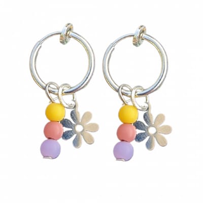 Klem Oorringen-Bloem-paars- roze- geel-Zilverkleur-geen gaatje-Charme Bijoux