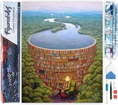 Figured'Art Diamond Painting set Volwassenen 40x50 cm Rivier en bibliotheek - 5D DIY Art full drill vierkante diamant - Opgerold canvas