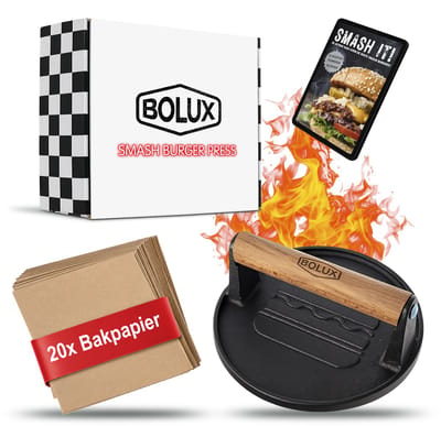 Bolux® Smash Burger Set - 3 delig - met gratis E-book - bbq - Hamburgerpers - Press - Gietijzer - BBQ Accesoires - Kamado - Vaderdag - Cadeau - Vlees Gewicht