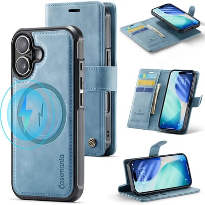 Casemania Hoesje Geschikt voor Apple iPhone 17 - Aqua Blue - Geschikt voor MagSafe - Luxe Kunstleer 2 in 1 Afneembare Bookcase - Magnetische Telefoonhoesje met Pasjeshouder en Standaardfunctie