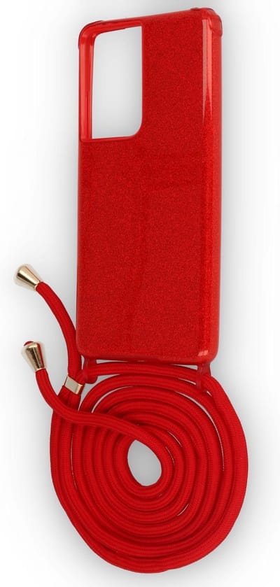 HB Hoesje Geschikt voor Samsung Galaxy S21 Ultra - Rood - Glitter Back Cover met Koord