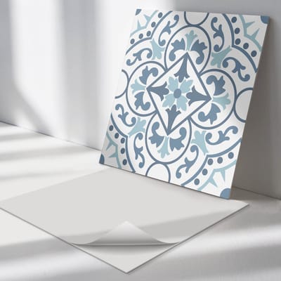 Wallfluent Vinyl Tegels - Bloemenpatroon in Ornamenten Zelfklevende Vinyl Tegels - 30 cm x 30 cm - Blauw Vinyl Tegels - Set van 9 - Vierkant PVC Tegels - Patroon Plaktegels - Vinyl Wandtegels - Plaktegels Keuken en Badkamer
