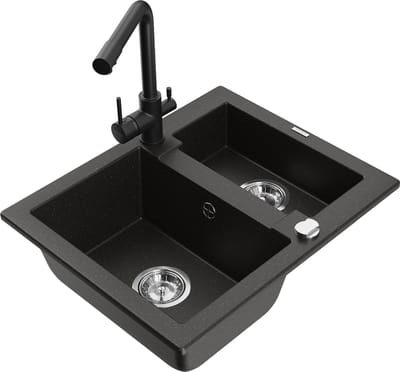 Mexen Carlos granieten spoelbak 1,5-komor met keukenmengkraan Duero, zwart/goud metallic - 6518-75-671600-70