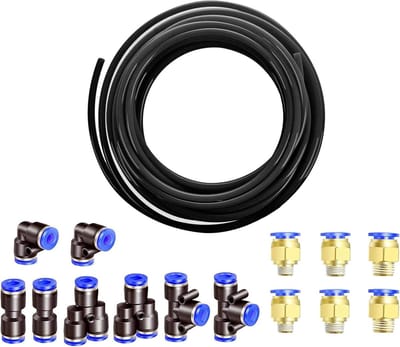 Pneumatische PU Slang 10 m - Flexibele Gecomprimeerde Lucht Slang met 8 Pneumatische Aansluitstukken en Snelle Koppelingen, 10 mm Buiten, 6.5 mm Binnen, Zwart
