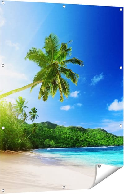 Gards Tuinposter Strand tijdens Zonsondergang in Seychellen - 90x120 cm - Tuindoek - Tuindecoratie - Wanddecoratie buiten - Tuinschilderij
