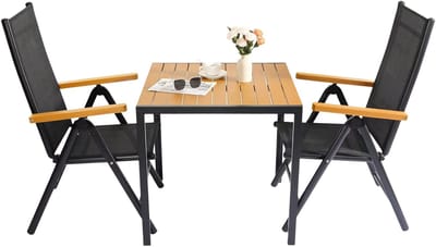 Patio dinerset – Voor tuin, terras & zwembad – 1 buitentafel & 2 verstelbare textilene stoelen – Geel