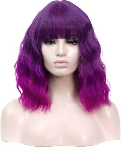 KIMU® Luxe Paars Roze Pruik Schouderlengte - Rechte Pony Krullen - Lichtpaars Donkerpaars Fuchsia Festival