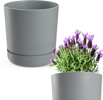 KADAX Bloempot met onderzetter, kunststof plantenpot, minimalistische plantenbak, decoratieve pot voor bloemen, cactussen en kruiden (25 cm, grijs)