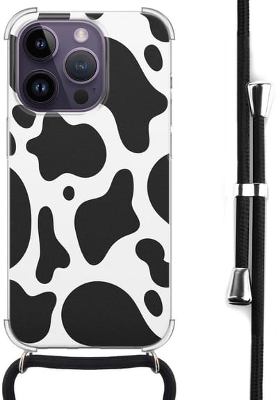 Hoesje met koord - Geschikt voor iPhone 14 Pro Max - Koeienprint - Verstelbaar zwart koord - Zwart, Transparant, Wit - Print / Illustratie - Leuke Telefoonhoesjes