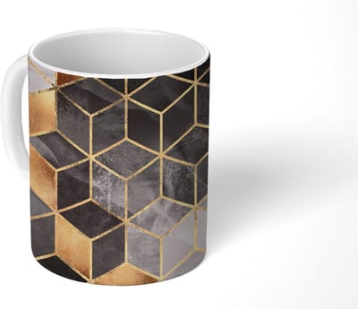 Mok - Koffiemok - Abstract - Kubus - Goud - Patronen - Zwart - Wit - Mokken - 350 ML - Beker - Koffiemokken - Theemok