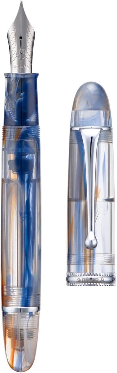 Vulpen met vacuüm vulmechanisme en grote inktcapaciteit - Soepele medium nib - Inclusief geschenkdoos en sleutel - Blauw en bruin