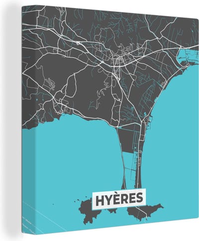 Canvas Schilderij Plattegrond – Kaart – Stadskaart – Frankrijk – Hyères - 20x20 cm - Wanddecoratie