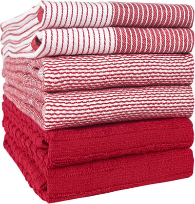 Bumble Keukenhanddoeken, theedoeken, katoen, verpakking van 6 stuks, XL afmetingen 50 x 70 cm, elegant, zacht en robuust ringgesponnen katoen in 3 verschillende texturen, rood