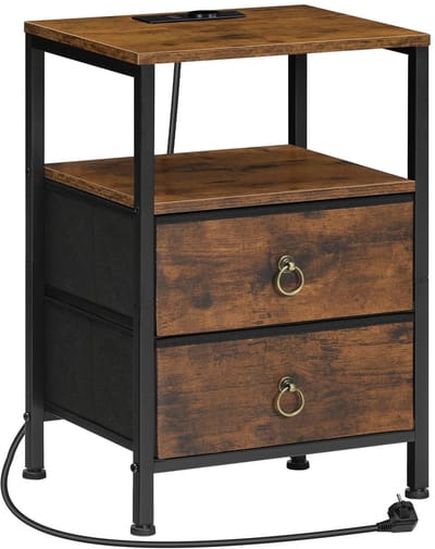 Dailygoods - Nachtkastje - Laadstation - Vintage bruin en zwart - 2 USB-poorten - Praktische opbergoplossing - Geschikt voor slaapkamer en woonkamer