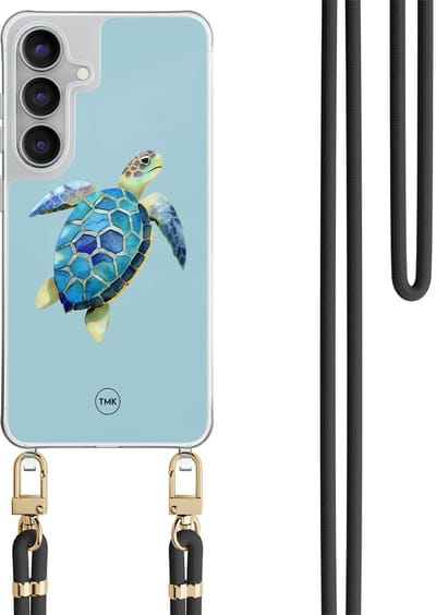 Telefoonhoesje met koord geschikt voor Samsung S25 FE - Schildpad - Inclusief Zwart koord - Transparant, Blauw - Print - Crossbody beschermhoes - Met Telefoonketting
